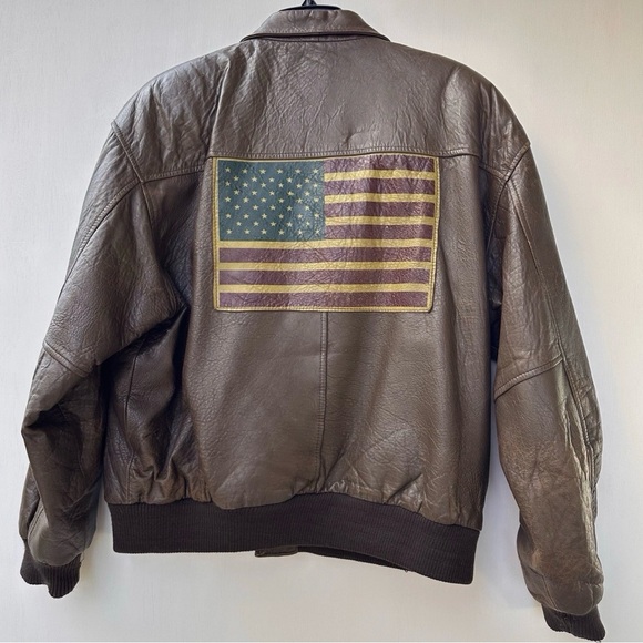 VTG Adventure Bound US Flag Leather Jacket Military Bomber Men’s L Distressed